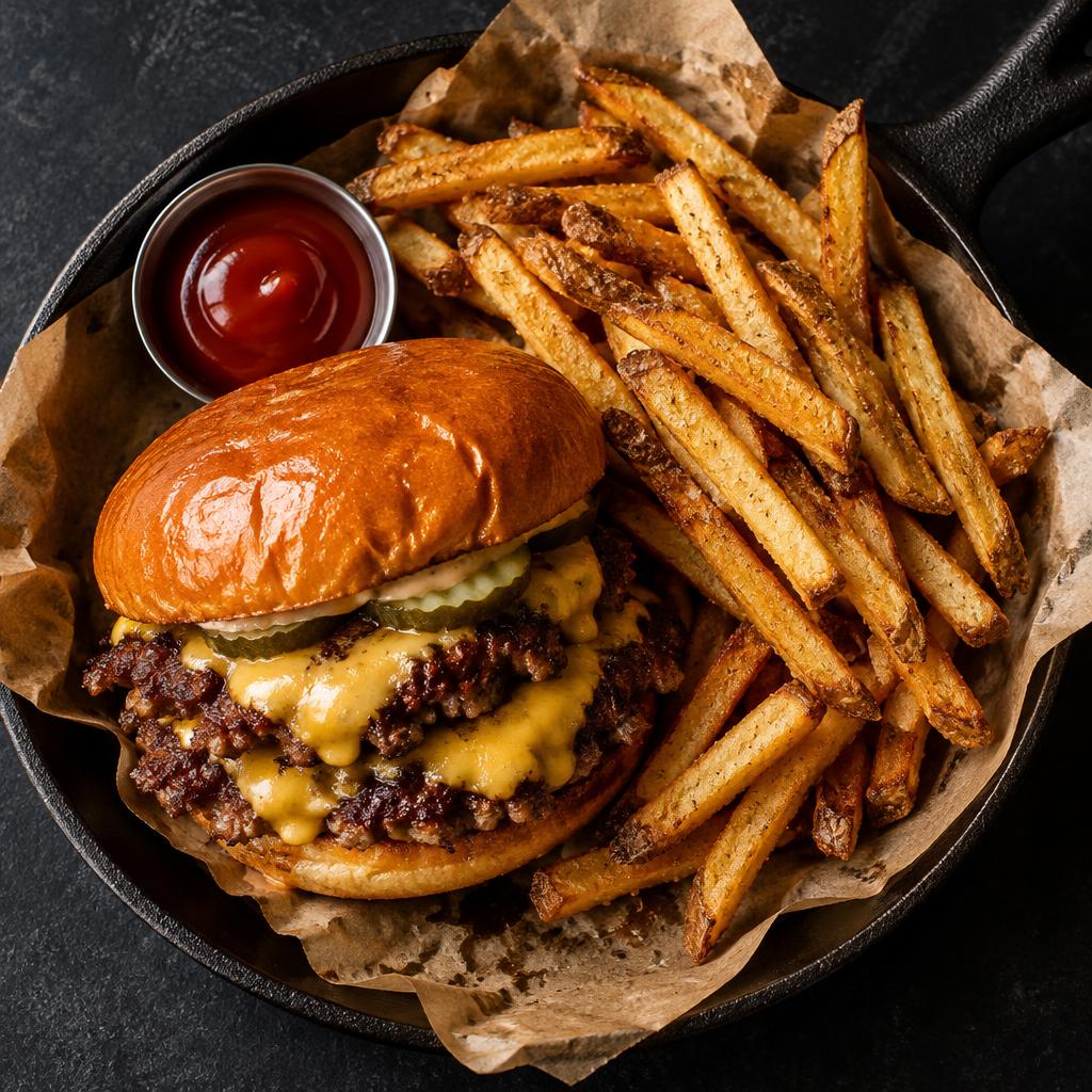 Placeholder: smash burger and fries in a cast-iron skillet