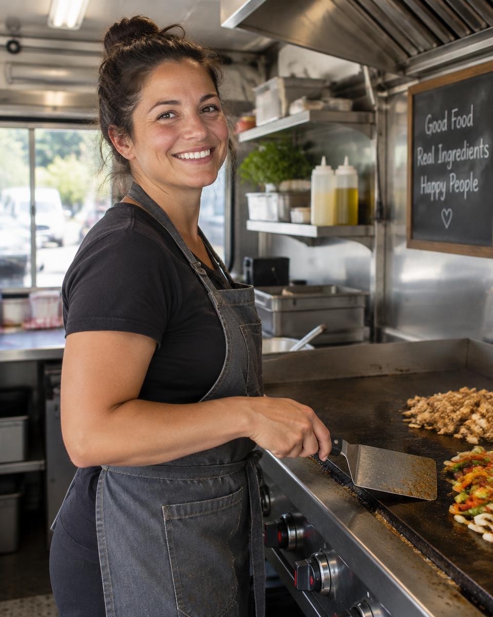 Placeholder: the owner at the griddle inside the truck